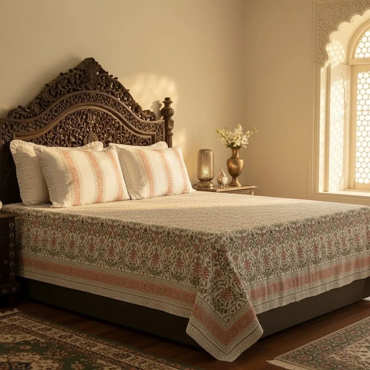 Hand Block Printed Floral Cotton Bedsheet – White & Peach, Super King Size 108 × 108 inch