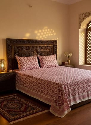 Hand Block Printed Prism Wine Cotton Bedsheet King Size - 90 × 108 inch