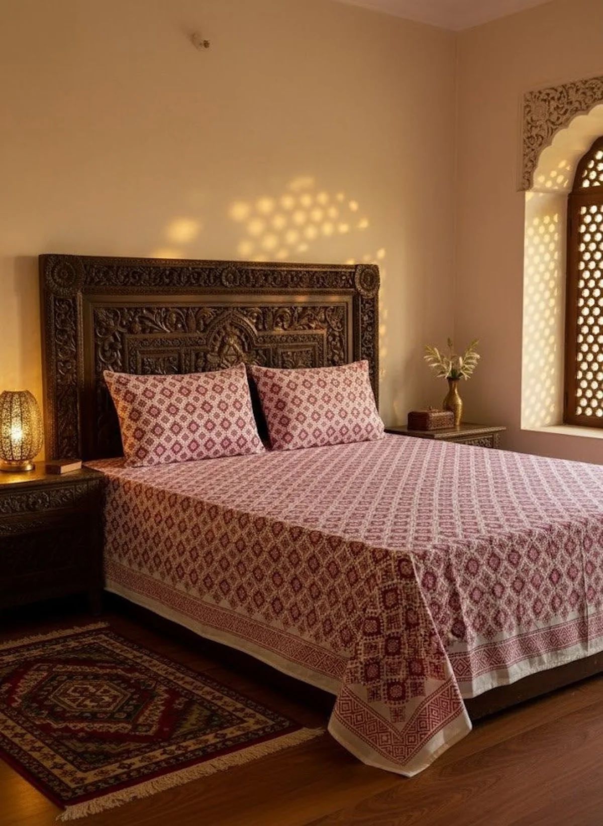 Hand Block Printed Prism Wine Cotton Bedsheet King Size - 90 × 108 inch