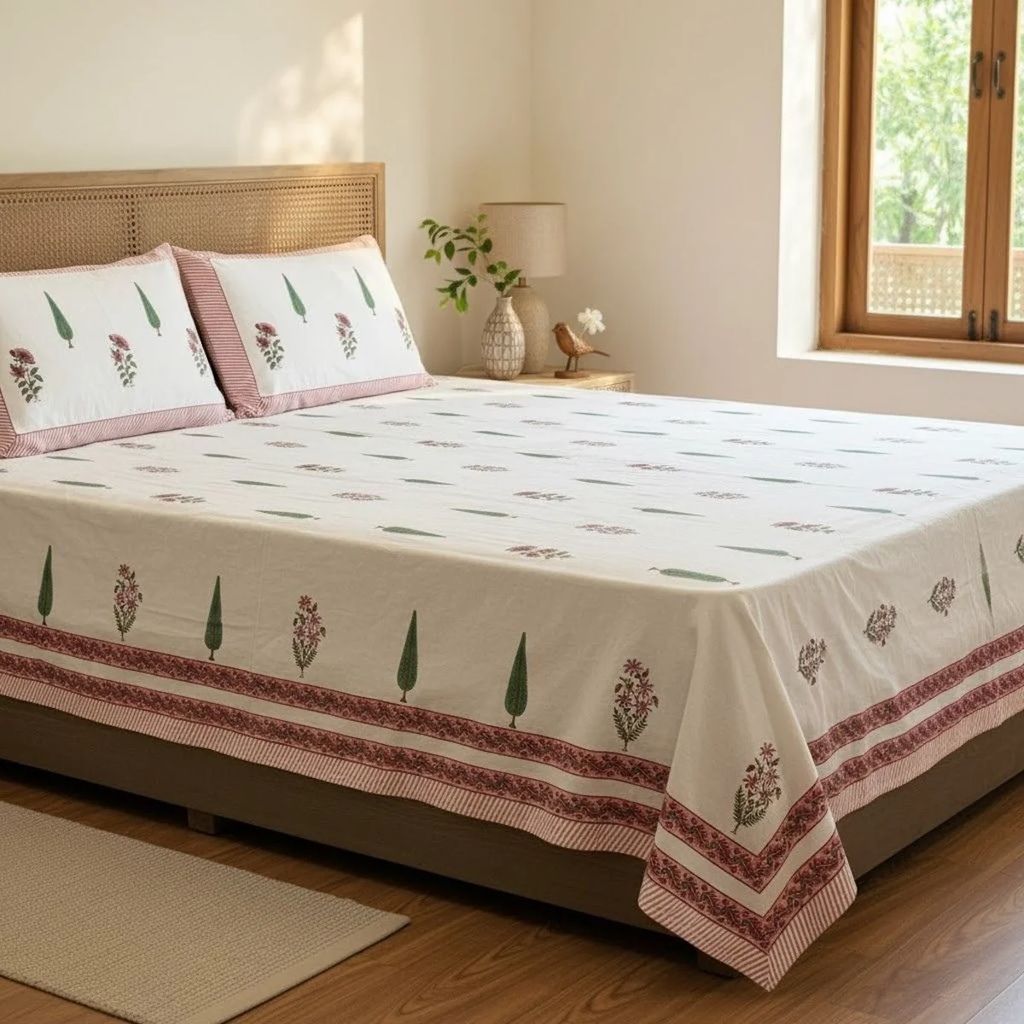 Hand Block Printed Vanira White Cotton Bedsheet King Size - 90 x 108 inch