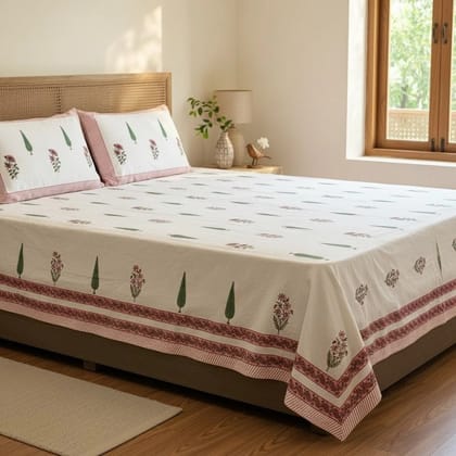 Hand Block Printed Vanira White Cotton Bedsheet King Size - 90 x 108 inch