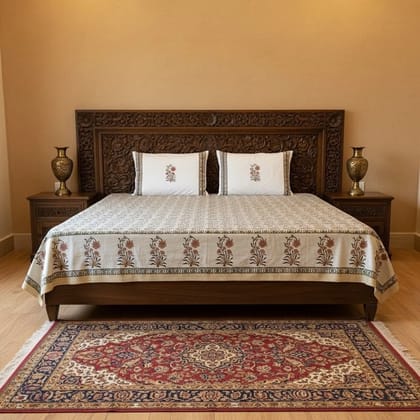 Hand Block Printed Velora Blue-Mustard Cotton Bedsheet King Size - 90 x 108 inch