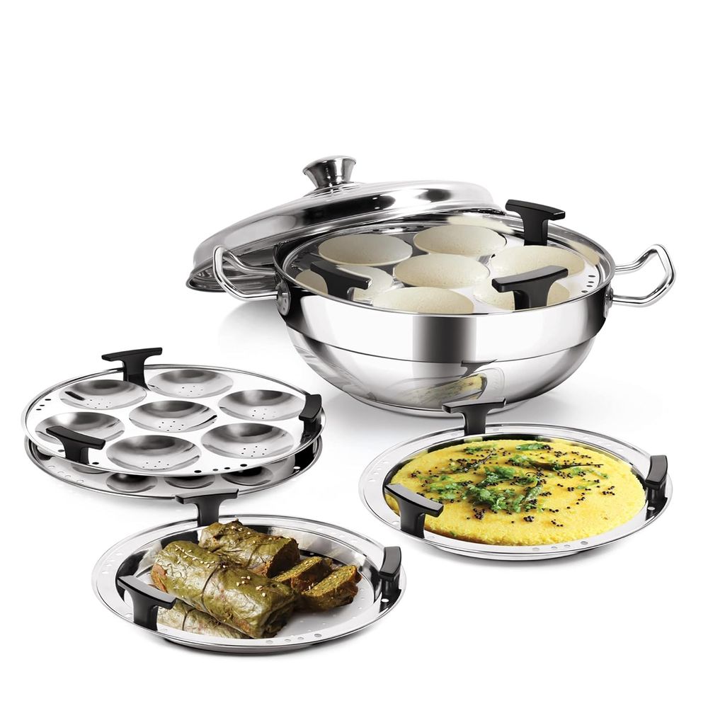 MILTON Pro cook Stainless Steel Multipurpose Kadai with Lid (2 – Regular Idli Plate; 1 - Mini Idli Plate; 1 - Steamer Plate; 2 - Dhokla Plate) All-in-One Multi Pot/Kadhai, Induction & Gas Friendly - Cookware | Buy online on ZillyBuy