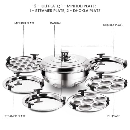 MILTON Pro cook Stainless Steel Multipurpose Kadai with Lid (2 – Regular Idli Plate; 1 - Mini Idli Plate; 1 - Steamer Plate; 2 - Dhokla Plate) All-in-One Multi Pot/Kadhai, Induction & Gas Friendly