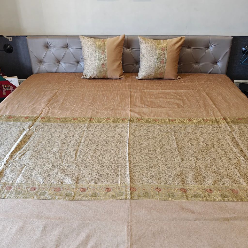 Regal Gold Tanchui Brocade Beige Polyester Bedcover with 2 Cushion Covers – King Size