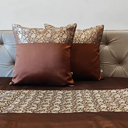 Banarasi Brocade Luxe Coffee Brown Polyester Bedcover with 2 Cushion Covers – King Size Banarasi Brocade Luxe Coffee Brown Polyester Bedcover with 2 Cushion Covers – King Size
