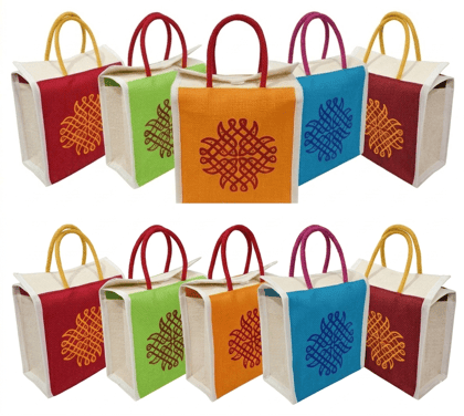 SS Eco-Life Jute Return Gift Bag (Pack of 10) | Traditional Kolam Print Thamboolam Bag for Wedding, Baby Shower, Housewarming & Pooja | 9 x 9 x 5 Inch | Multicolor 