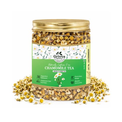 GRIVVA ORGANIC Chamomile Tea - 50g | From Devbhoomi Uttarakhand | 100% Pure Dried Chamomile Flowers | Caffeine-Free Herbal Tea For Sleep, Relaxation & Stress Relief | Reusable Jar