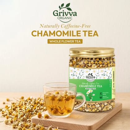 GRIVVA ORGANIC Chamomile Tea - 50g | From Devbhoomi Uttarakhand | 100% Pure Dried Chamomile Flowers | Caffeine-Free Herbal Tea For Sleep, Relaxation & Stress Relief | Reusable Jar