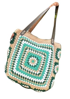 Handmade Crocheted Granny Square Tote Bag with Leather Straps, Green, White & Beige