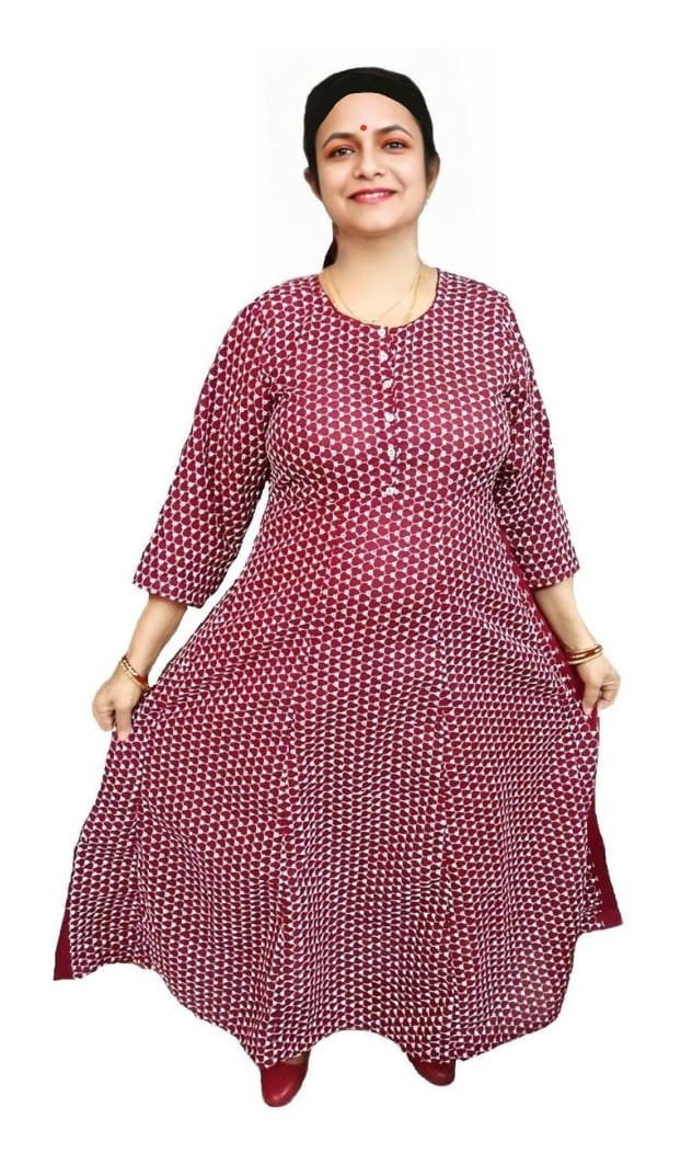 Women's Cotton Chikan Embroidered Kurta | Size M | Flared Anarkali Kurti |