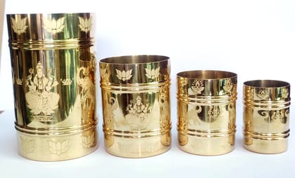 NAAYAGI - AUSPICIOUS Mahalakshmi Padi Set of 4, Pure Brass Traditional Measuring Cups, Engraved Goddess with Elephants, Multi Size Set, Brass PADI Set