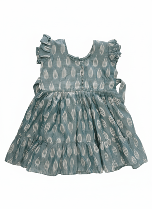 Girls Blue Ikat Print Tiered Frock Dress with Ruffled Sleeves Girls Blue Ikat Print Tiered Frock Dress with Ruffled Sleeves