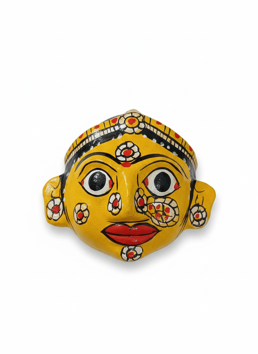 Hand-painted Yellow Folk Art Wall Decor Mask - Indian Cultural Souvenir