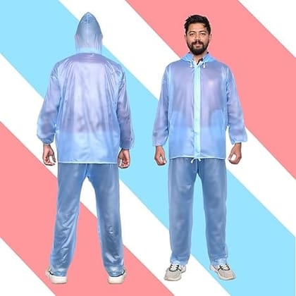 Men & Women Raincoat with Adjustable Hood, Water Resistant Reusable Rainwear, Drawstring Hem Set of Top & Bottom with Carrying Pouch (XXL, Blue)