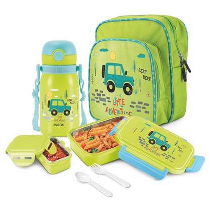 Milton Snackie Mate Tiffin Set With School Beg Along with Stainless Steel Lunch Box & Thermosteel Bottle 