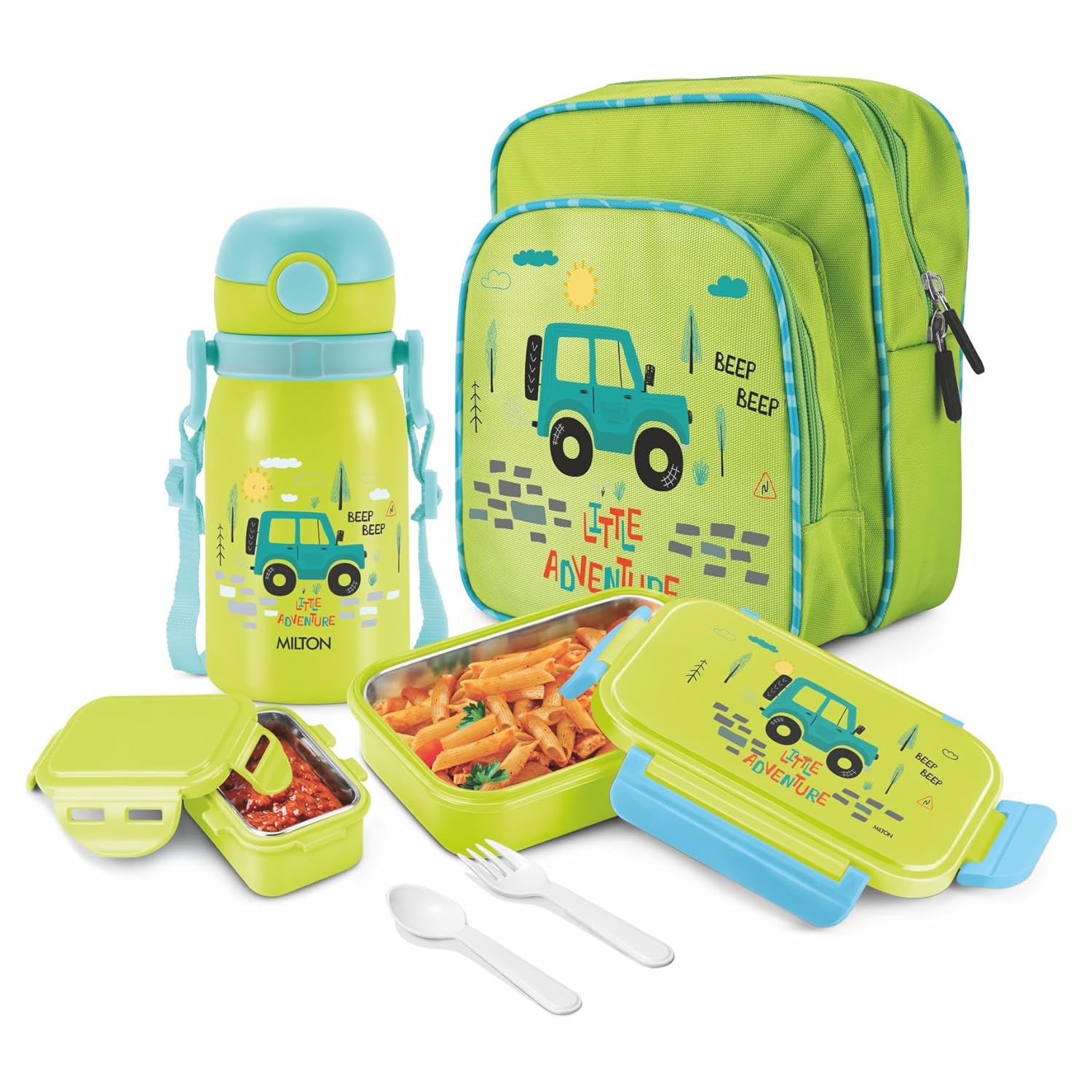 Milton Snackie Mate Tiffin Set With School Beg Along with Stainless Steel Lunch Box & Thermosteel Bottle 