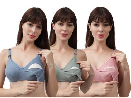 JUSTLY Women Maternity/Nursing Bra Non Padded Non Wired Cotton Feeding Bra for Breastfeeding Mothers –Multicolor-Baby Pink, Olive Green, Sky Blue - Soft Comfortable Daily Wear