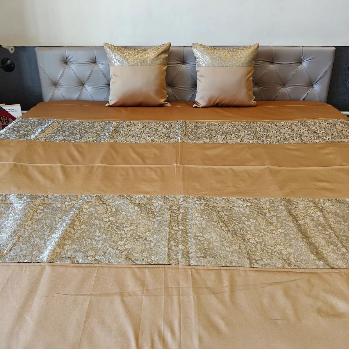 Banarasi Brocade Luxe Marigold Polyester Bedcover with 2 Cushion Covers – King Size