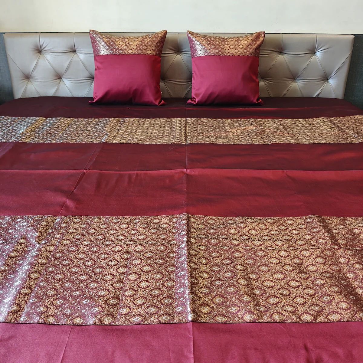 Banarasi Brocade Luxe Maroon Polyester Bedcover with 2 Cushion Covers – King Size