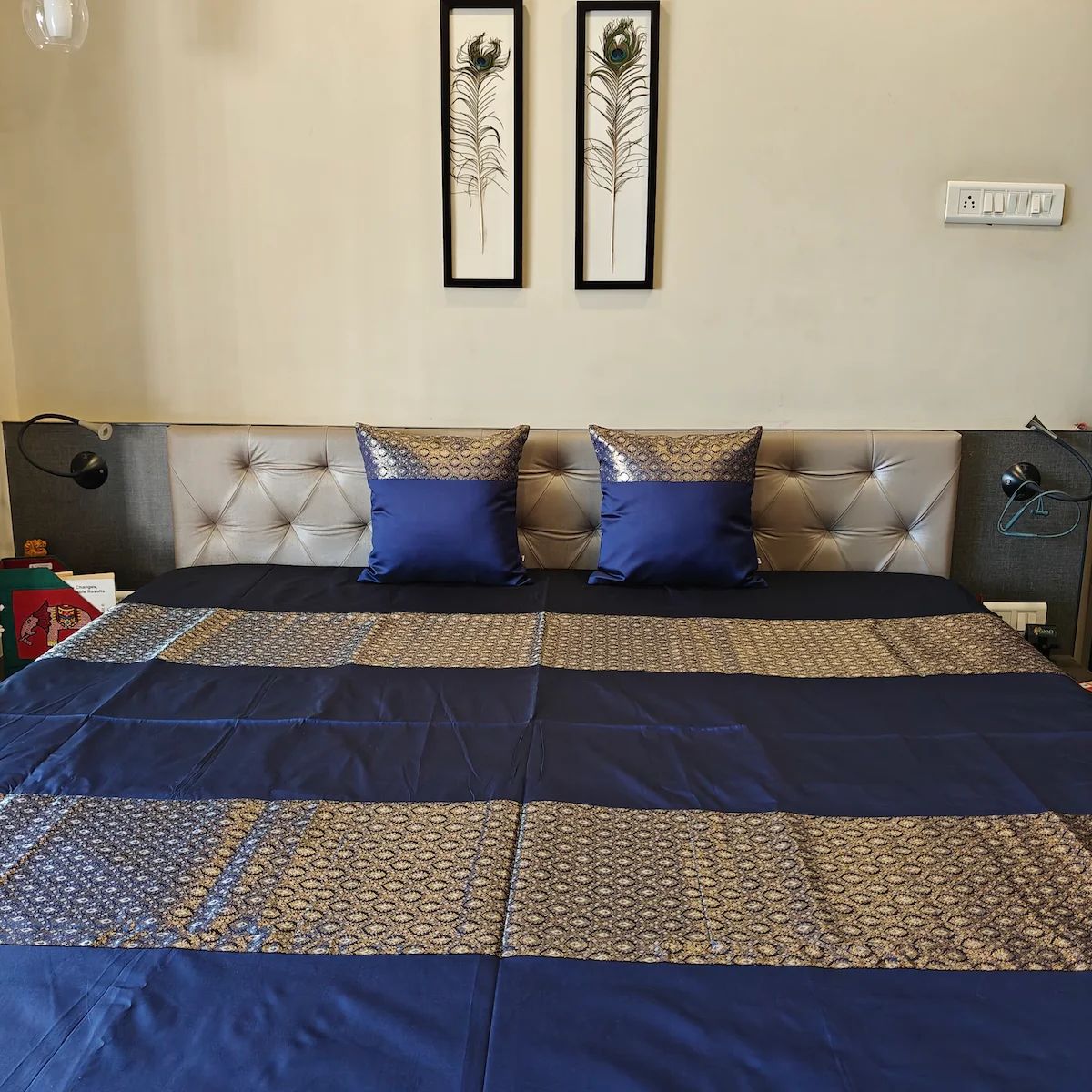 Banarasi Brocade Luxe Navy Blue Polyester Bedcover with 2 Cushion Covers – King Size