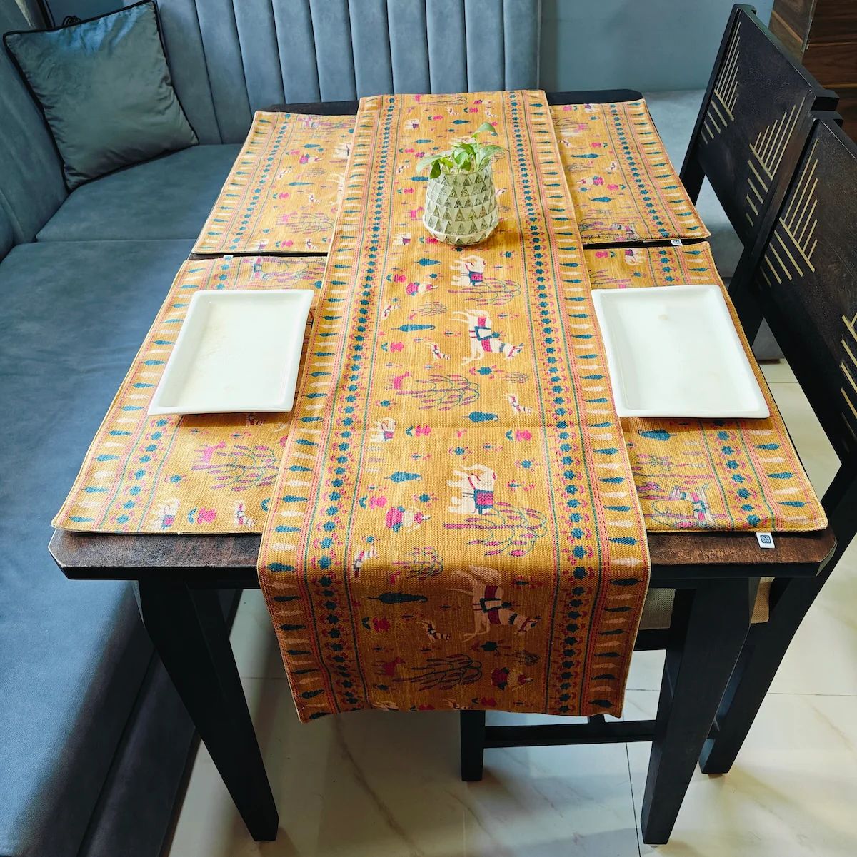 Decorative Design Printed Dull Mustard Polyester Table Runner with 6 Placemats – Set for 6 Seater Dining Table