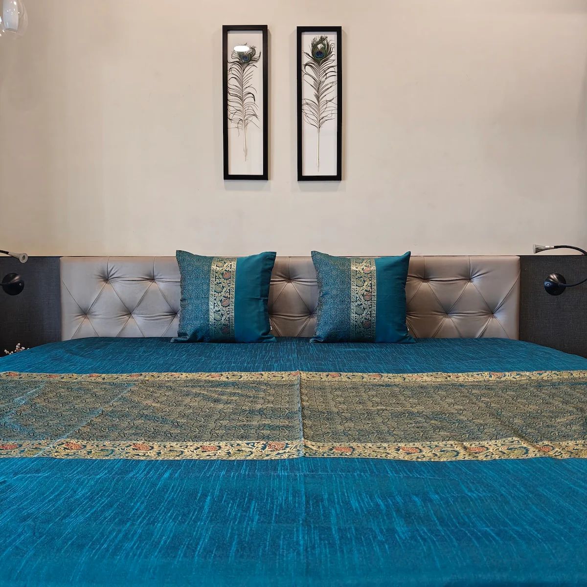 Regal Gold Tanchui Brocade Blue Polyester Bedcover with 2 Cushion Covers – King Size