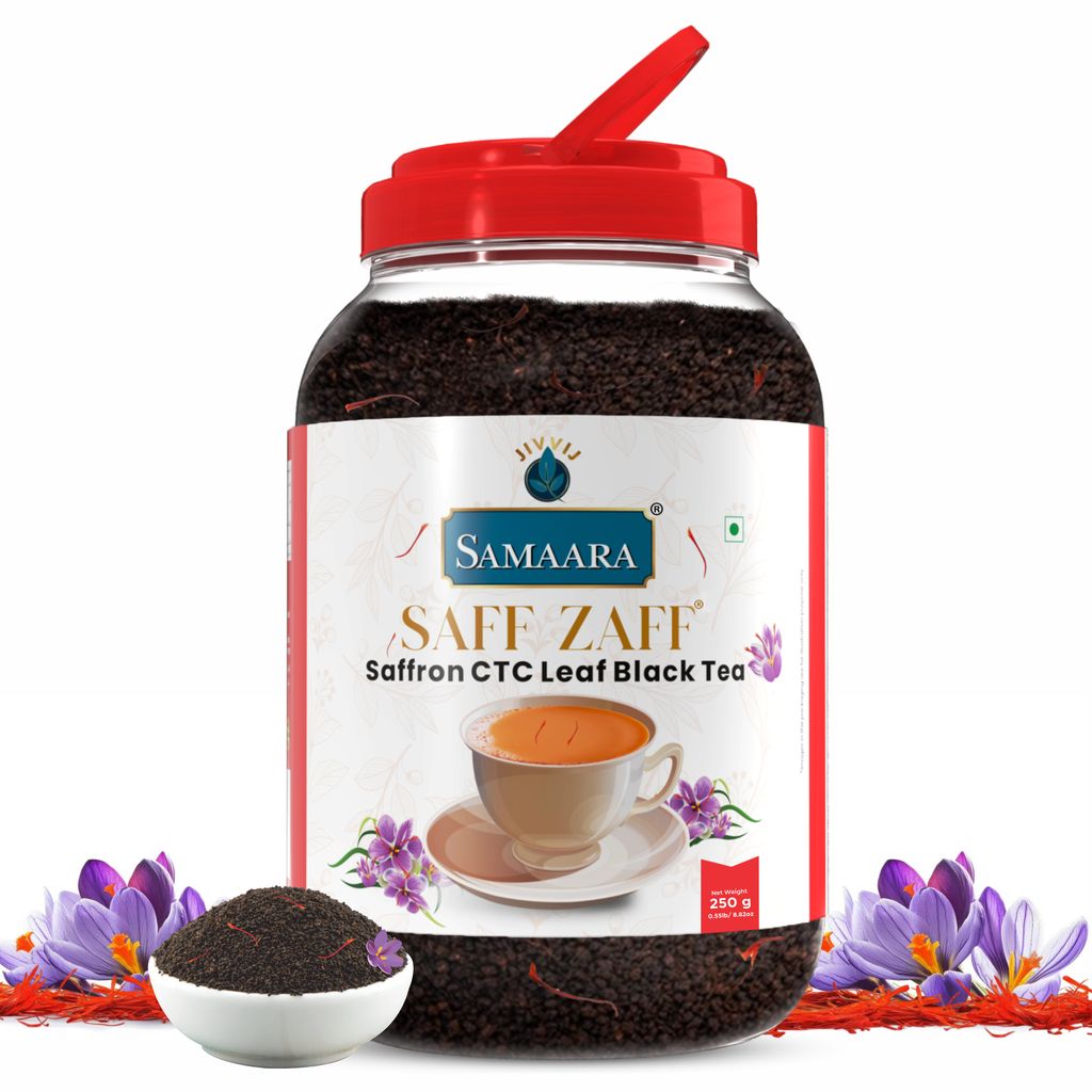 Jivvij Samaara Saffron Black Tea | Flavoured CTC Assam Black Leaf Tea | Kesar Chai Patti Powder | Saff Zaff Jar