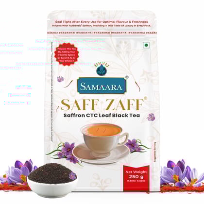 Jivvij Samaara Saffron Black Tea | Flavoured CTC Assam Black Leaf Tea | Kesar Chai Patti Powder | Saff Zaff Pouch