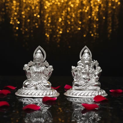 Pure Silver Lakshmi Ganesh Idol Set with Prabhavali | 925 Hallmarked Laxmi Ganesha Murti for Puja, Diwali Gift, Home Temple Décor