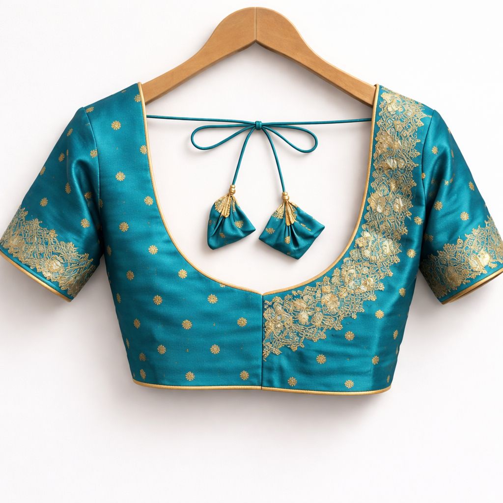 Women's Teal Silk Brocade Wedding Blouse with Gold Embellishments