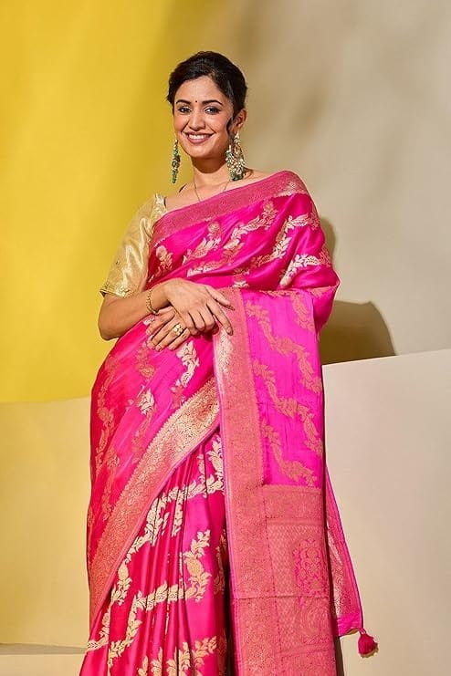 Women's Pink Banarasi Silk Saree with Gold Zari Border