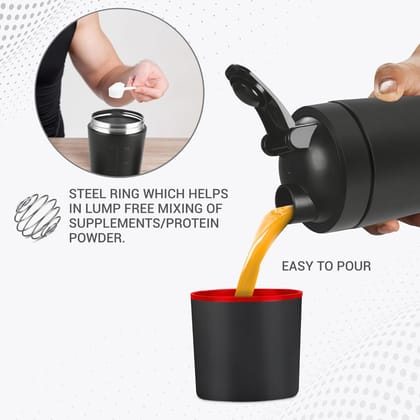 MILTON Pro Mix Ultra Shaker with Blending Ball, Black, Shakers for Protein Shake with detachable Storage Compartment, Leakproof, Fitness Freak, Gym Bottle for Men and Women BPA-Free (591ml + 200ml)