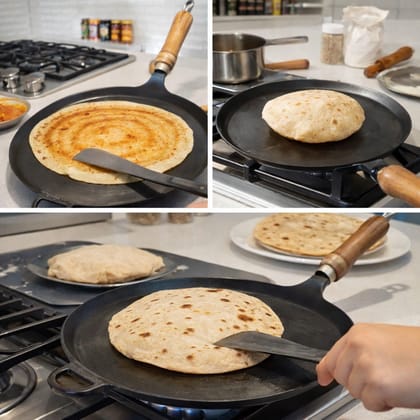 NAAYAGI Pure Iron Tawa – Dosa & Roti Tawa | Healthy Cooking | Wooden Handle | Induction Compatible