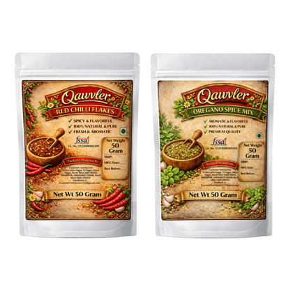 Qawvler | Pizza Chilli Flakes & Oregano | Spice Combo Pack, 100 Gram Total | Fresh & Pure Pizza & Pasta Seasoning | Each 50 Gram Each Pouch | (Pack of 2)