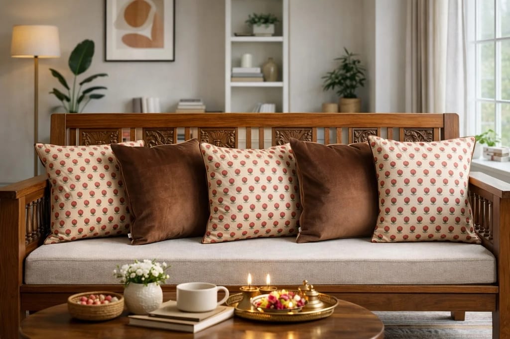 Contemporary Cushion Cover Combo Set of 5 | Brown And Cream | velvet | 16" X 16"