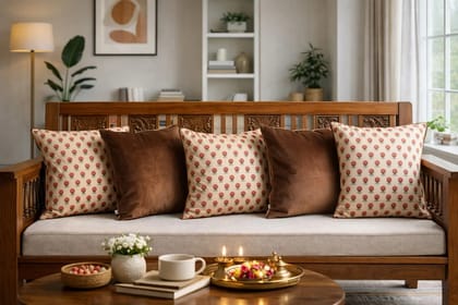 Contemporary Cushion Cover Combo Set of 5 | Brown And Cream | velvet | 16" X 16"