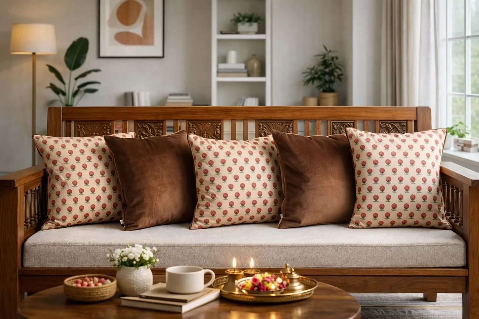 Contemporary Cushion Cover Combo Set of 5 | Brown And Cream | velvet | 16" X 16"