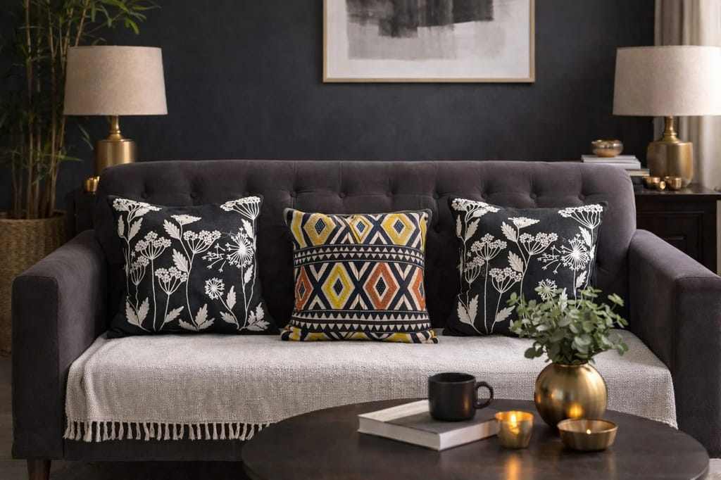 Contemporary Cushion Cover Combo Set of 3 | Black - Multi | cotton and denim | 16" X 16"
