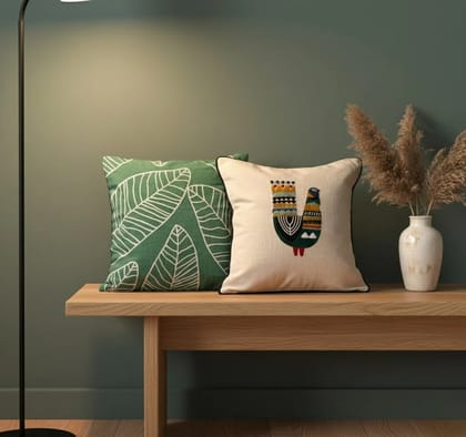 Embroidered Cushion Cover Combo Set of 2 | Green And Offwhite | Cotton Duck and Cotton Linen  | 16" X 16"