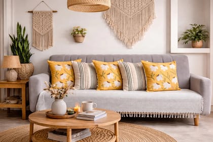 Embroidered & Textured & Artisanal Cushion Cover Combo Set of 5 | Offwhite Multi And Mustard | Cotton Duck and Cotton Linen  | 16" X 16"