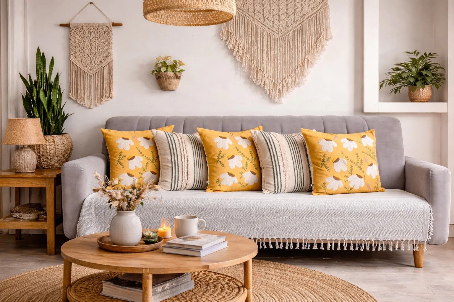 Embroidered & Textured & Artisanal Cushion Cover Combo Set of 5 | Offwhite Multi And Mustard | Cotton Duck and Cotton Linen | 16" X 16"