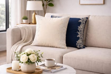 Embroidered Cushion Cover Combo Set of 2 | Royal Blue And Off White | Velvet & Slub Silk | 16" X 16"