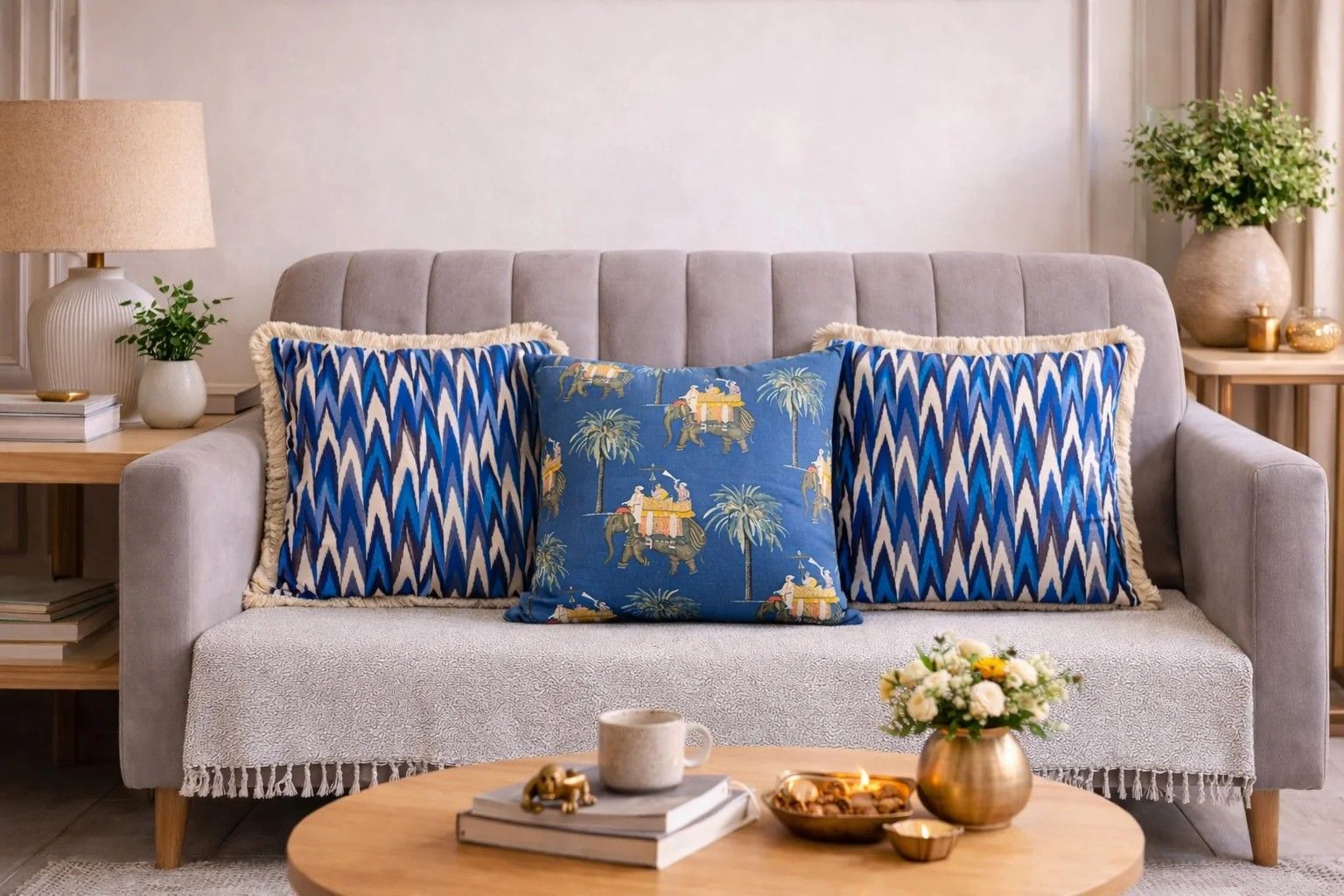 Artisanal Cushion Cover Combo Set of 3 | Blue | Cotton | 16" X 16"