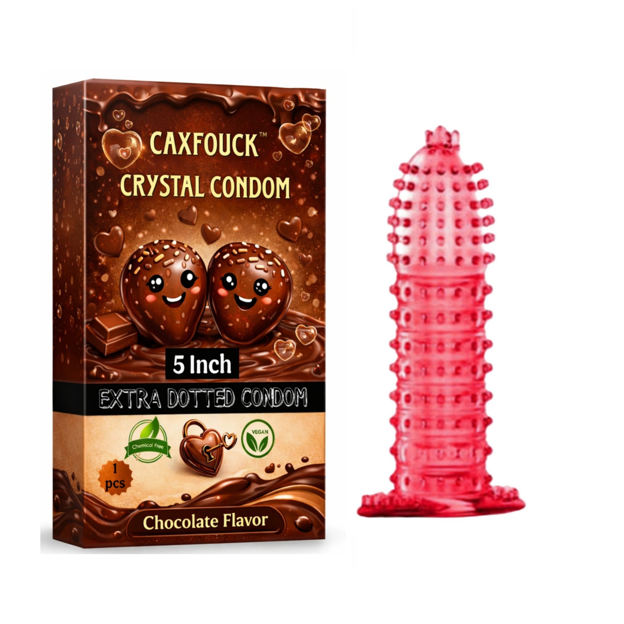 Caxfouck Crystal Condom Chocolate Flavor 5 Inch Extra Dotted Enhanced Experience Condom (1 Pc)
