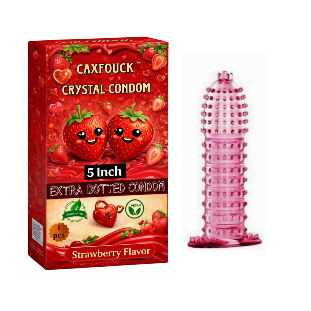 Caxfouck Crystal Condom Strawberry Flavor 5 Inch Extra Dotted Enhanced Safety & Comfort Reusable Condom (1 Pc)