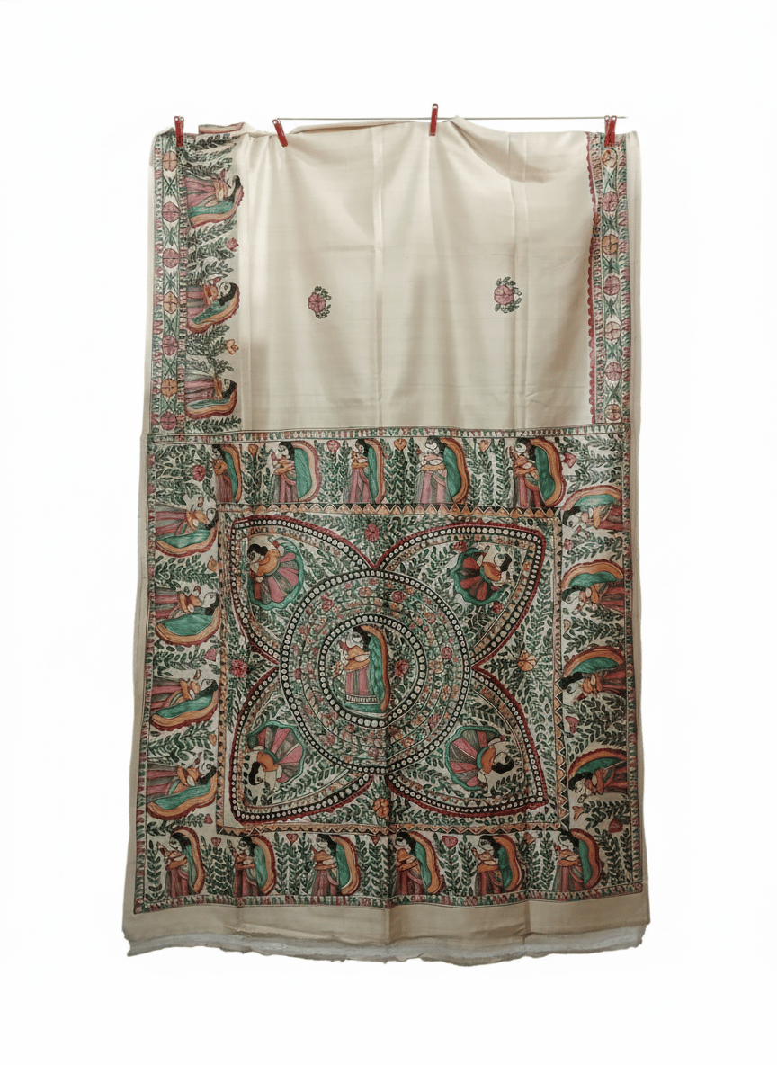 Handpainted Madhubani Tussar Silk Saree