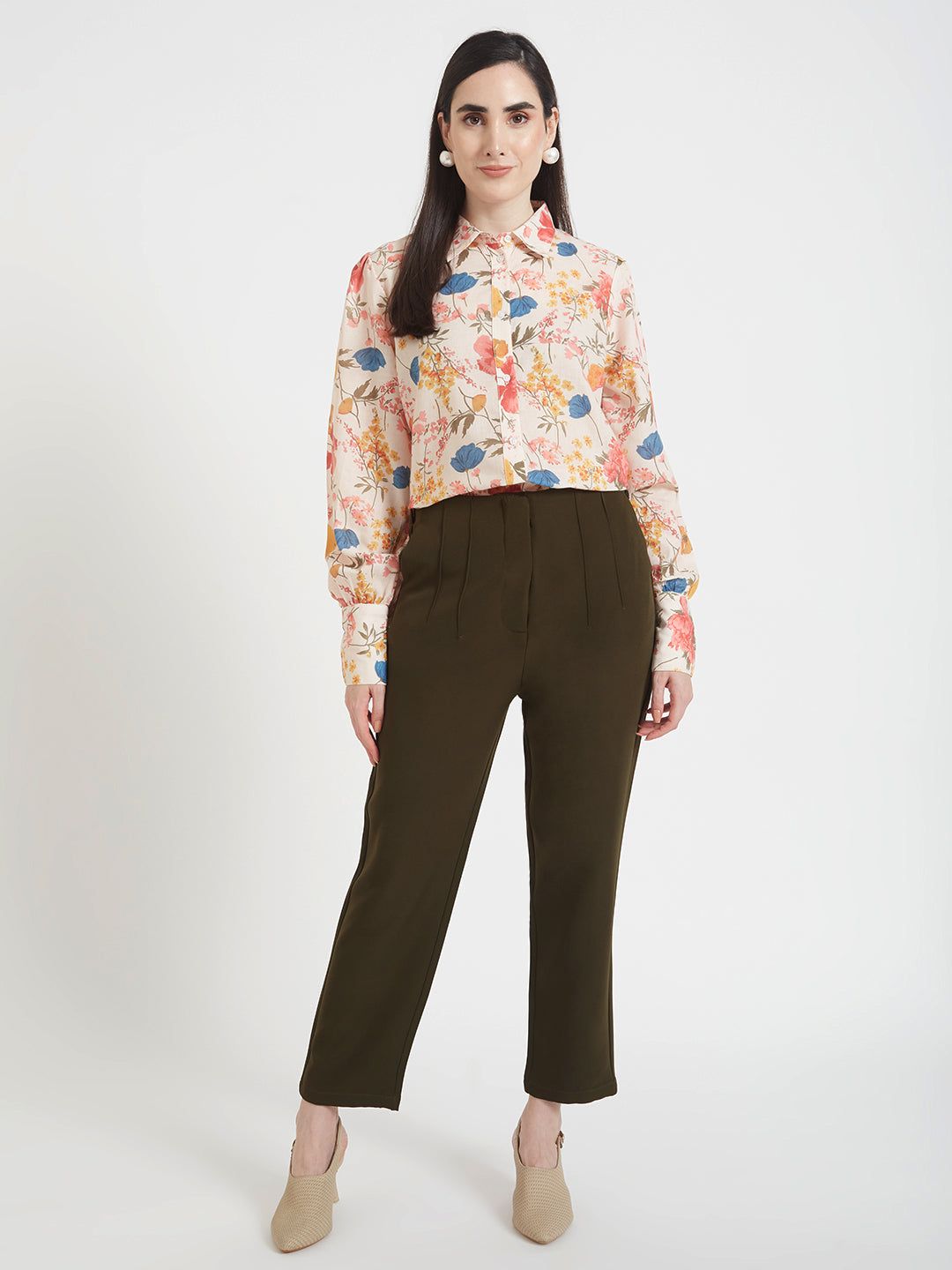 Luxury Cambric Digital Print Puff Sleeve Shirt With Black Pleated Fit Trousers-M / 28