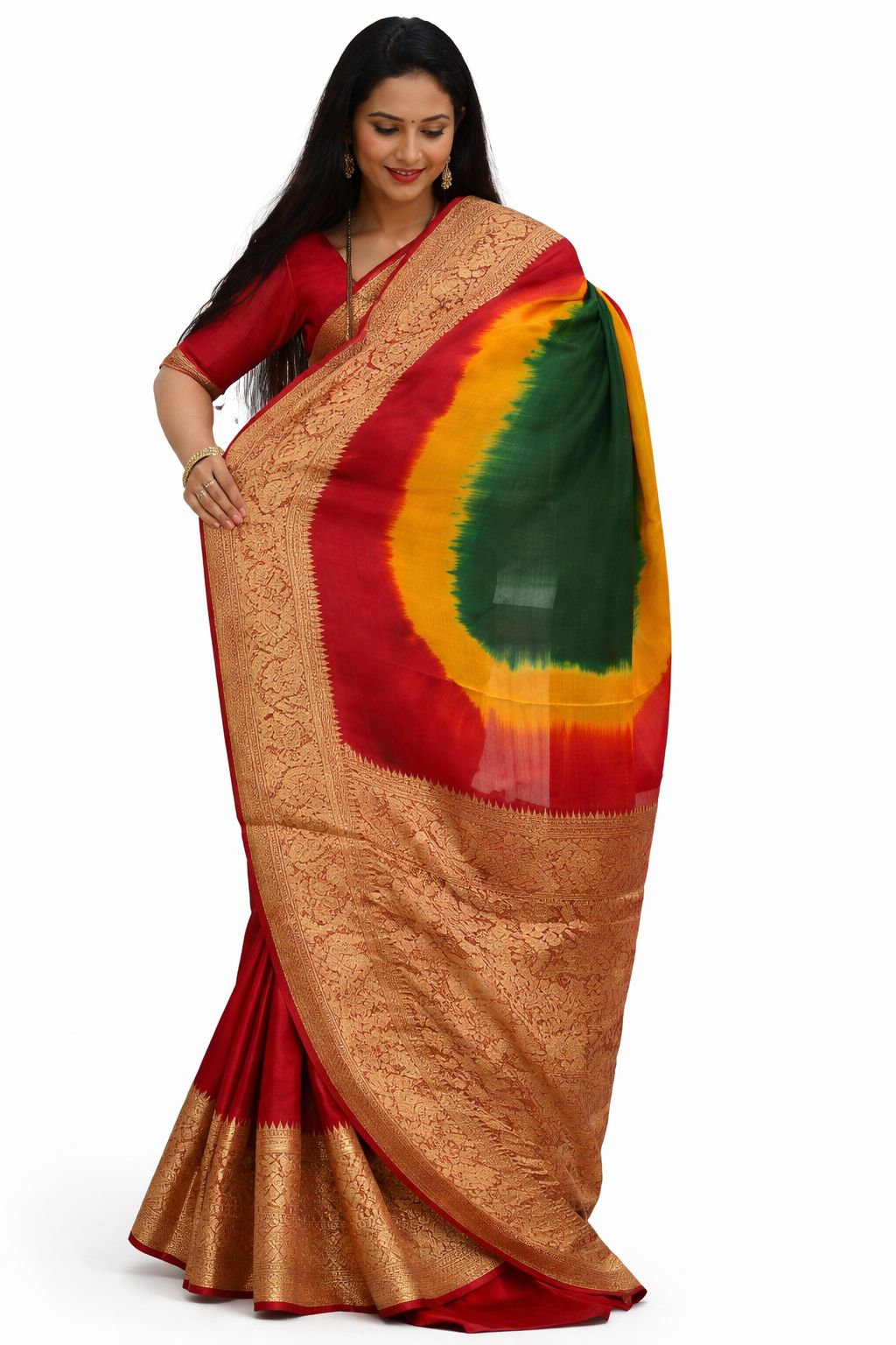 Women's Red and Green Tie Dye Chanderi Silk Saree with Zari Border