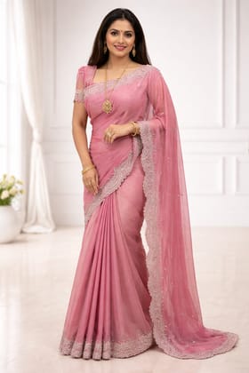 Elegant Pink Chiffon Saree with Embroidered Silver Border